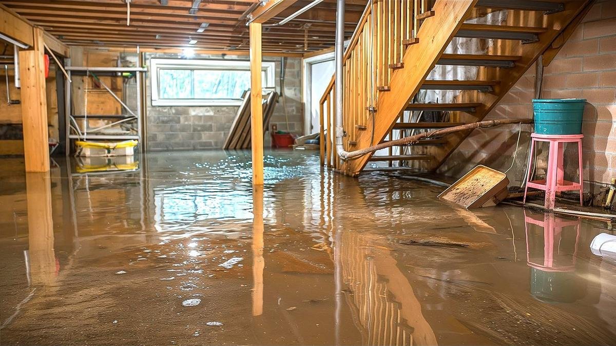 Before repair, a flooded basement with standing water